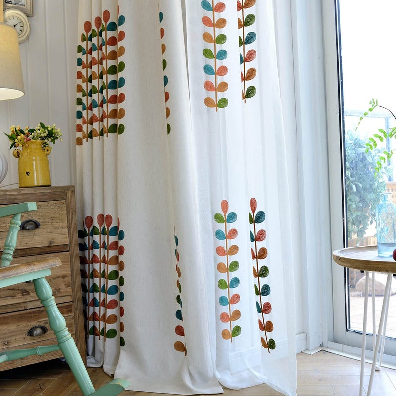 VOGOL Sheer Curtains 84 Inches Long, Colorful Leaves Embroidered White Sheer Window Curtain for Living Room/Dining Room, Rod Pocket, 52 x 84, 2 Panels - Image 3